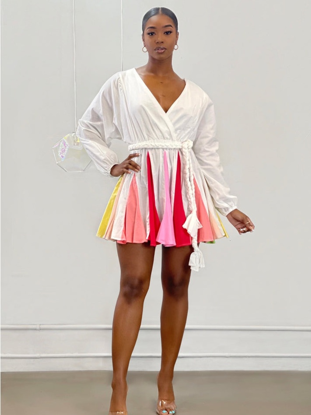 White V-Neck Mini Dress with Multicolor Pleated Skirt